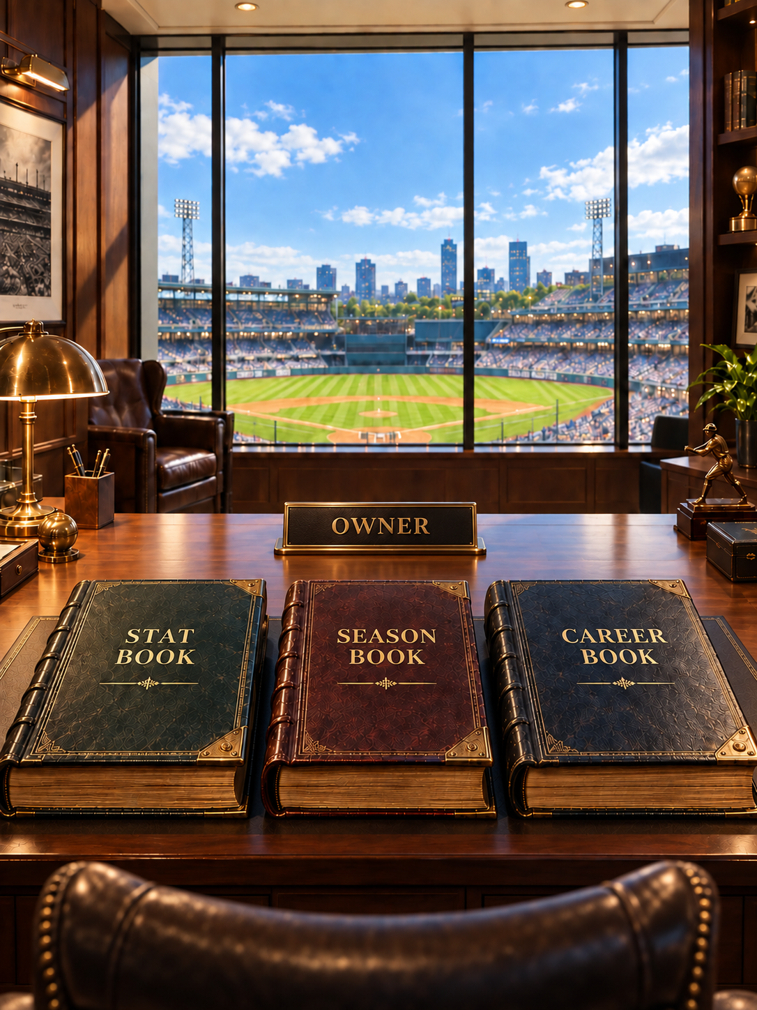 A daylit baseball owner's office overlooking the stadium, with an OWNER name placard behind the MLBC Stat Book, Season Book, and Career Book on the desk.